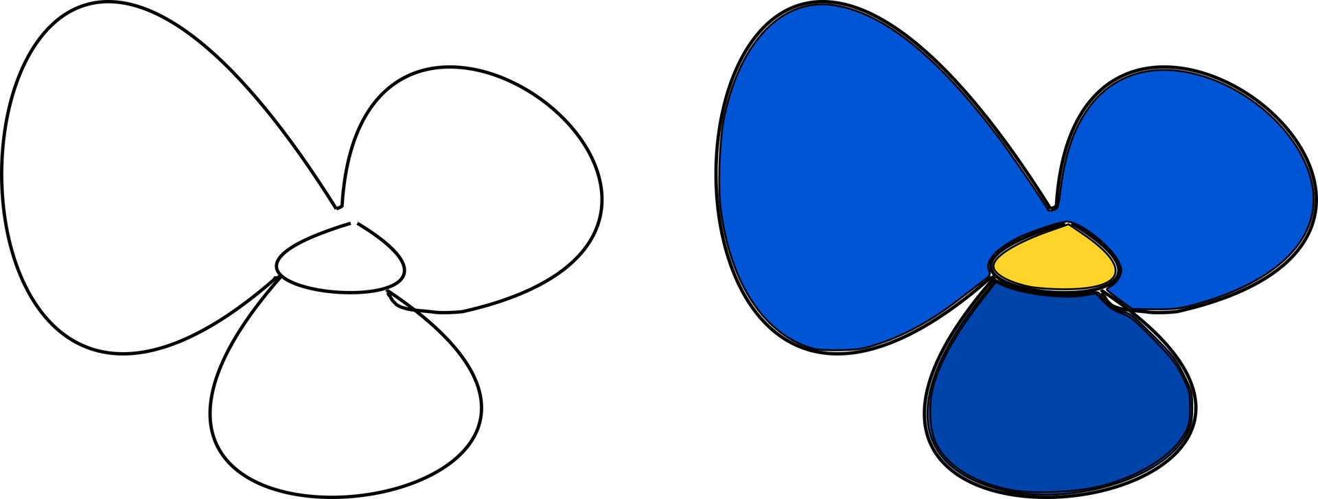 Ilustracja przedstawia dwa rysunki kwiatów. Pierwszy z nich to kontur. Drugi rysunek został wypełniony kolorem. Środek kwiatu ma kolor żółty a płatki kolor niebieski, kontur kwiatu jest wyraźnie widoczny.