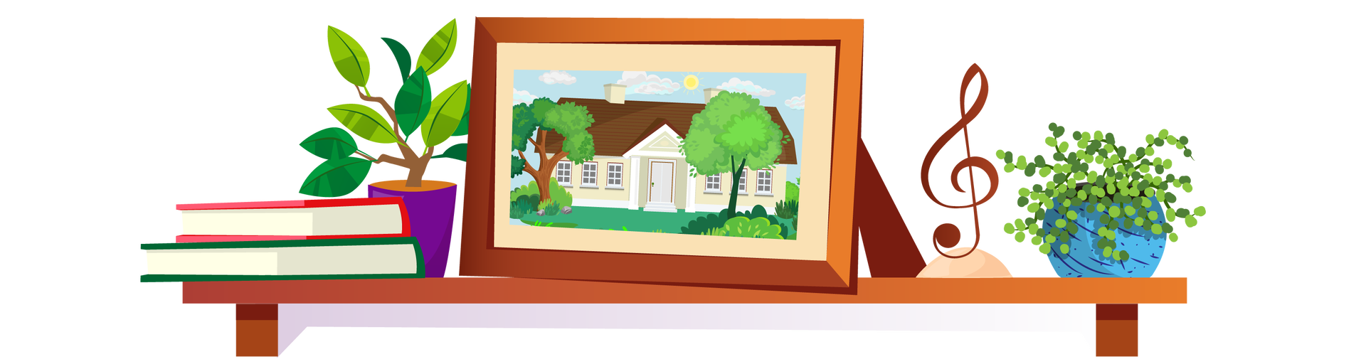 Ilustracja przedstawia brązową półkę, na której znajduje się kilka przedmiotów. Po lewej stronie są dwie książki ułożone jedna na drugiej. Pierwsza ma czerwoną okładkę, a druga ciemnozieloną. Obok książek stoi zielona roślina w ciemnofioletowej donicy. Na środku znajduje się obrazek w brązowej ramce. Obrazek przedstawia dworek w Żelazowej Woli. Jest to beżowy budynek o brązowym dachu, dwóch beżowych kominach, białych oknach i białych drzwiach, nad którymi znajduje się ozdobny daszek. Dworek jest otoczony zielenią. Rosną tam wysokie trawy, niskie krzewy i trzy drzewa liściaste – dwa duże i jedno małe. Na pierwszym planie widać fragment kamiennej ścieżki. W tle znajduje się błękitne niebo ze słońcem i jasnymi chmurami. Na prawo od obrazka stoi ozdobna figurka w postaci klucza wiolinowego. Po prawej stronie półki widać zieloną roślinę w niebieskiej donicy.