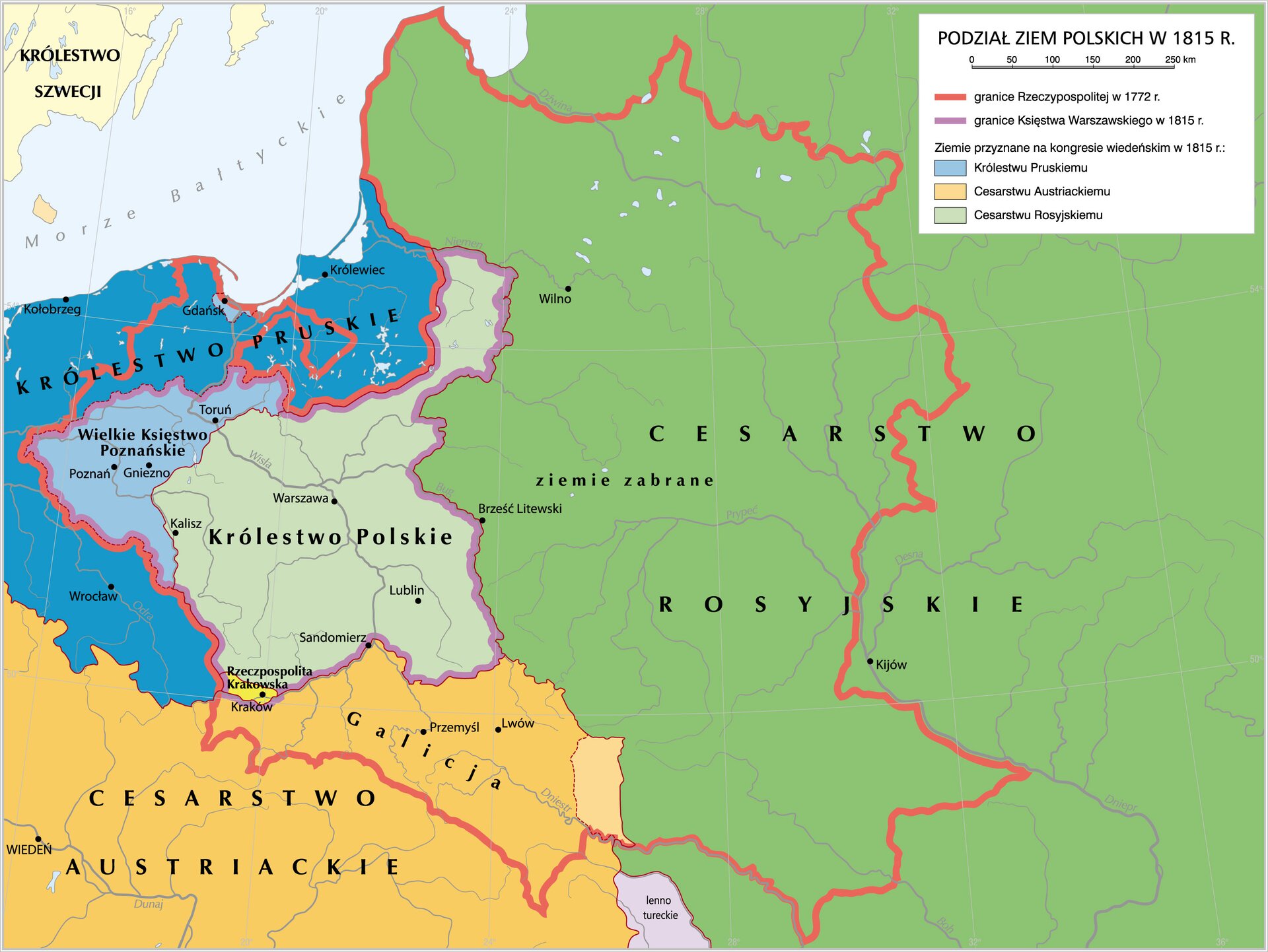 Kliknij żeby powiększyć Na mapie zaznaczono granice Rzeczypospolitej w 1772 (pomorze z Gdańskiem Toruniem, Wielkopolska z Poznaniem i Gnieznem oraz Kaliszem, Mazowsze, Małopolska, Kujawy, Lubelskie, Galicja z Przemyślem i Lwowem, tereny dzisiejszej Ukrainy i Białorusi oraz Litwy);
granice Księstwa Warszawskiego w 1815 (Mazowsze, Małopolska, Lubelskie, Wielkopolskie, Pomorze w okolicach Torunia, kawałek Litwy);
Ziemie przyznane na kongresie wiedeńskim w 1815r.:
Królestwu Pruskiemu (część Pomorza z Toruniem, Wielkopolska z Poznaniem i Gnieznem),
Cesarstwu Austriackiemu (Galicja z Przemyślem i Lwowem oraz Sandomierzem),
Cesarstwu Rosyjskiemu (Królestwo Polskie z Warszawą, Lublinem, Kaliszem).