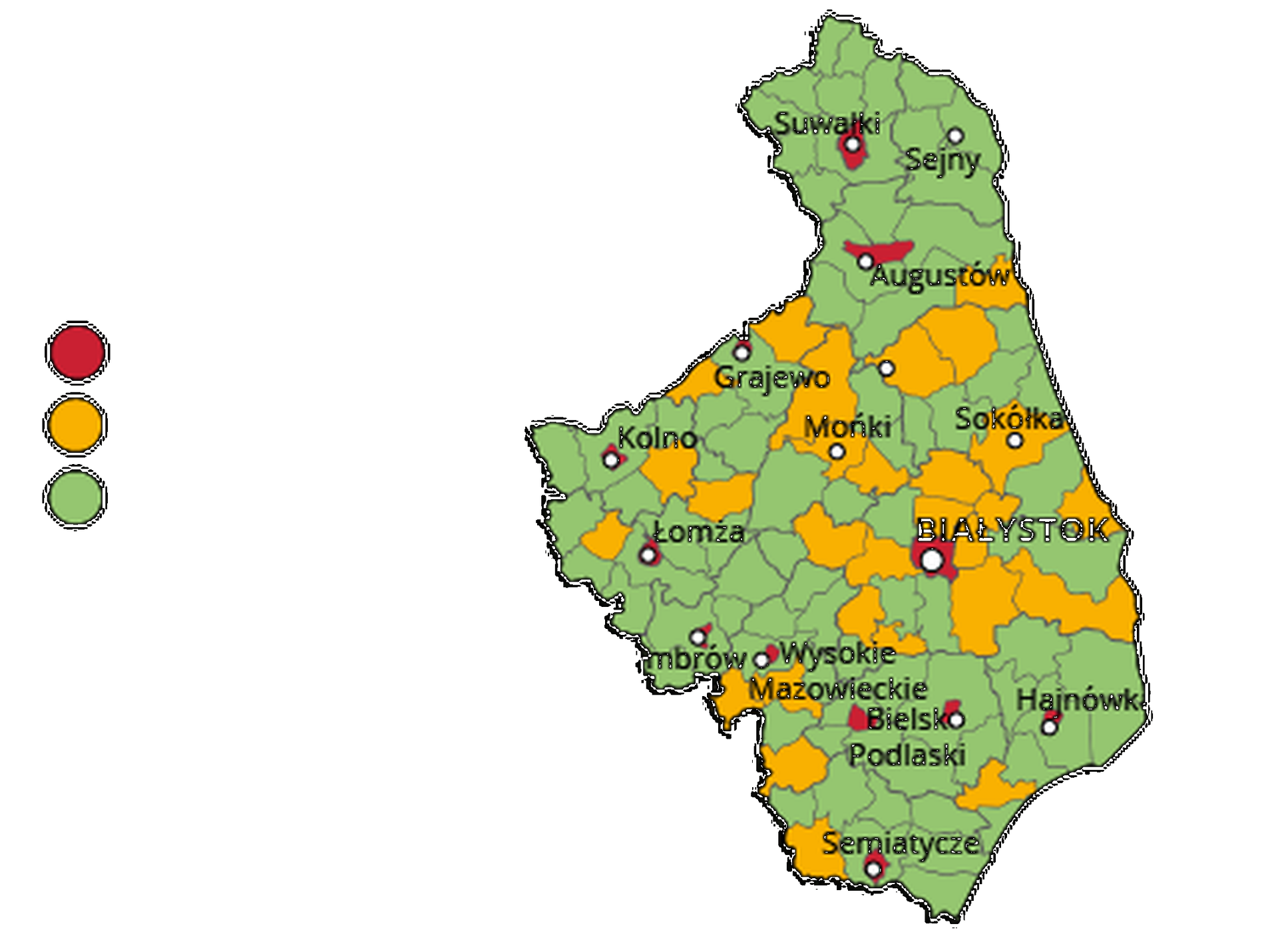 Mapa województwa podlaskiego. Na mapie szarymi liniami zaznaczono granice powiatów ziemskich, białymi kropkami zaznaczono miasta będące stolicami powiatów. W obrębie powiatów ziemskich kolorami wyróżniono gminy miejskie (na czerwono), miejsko‑wiejskie (na żółto) i wiejskie (na zielono). Stolicą województwa jest Białystok. Stolicami gmin miejskich są Białystok, Łomża, Augustów, Sejny, Grajewo, Kolno, Zambrów, Hajnówka, Wysokie Mazowieckie, Bielsk Podlaski, Siemiatycze, Suwałki. Stolicami gmin miejsko‑wiejskich są Sokółka, Mońki.