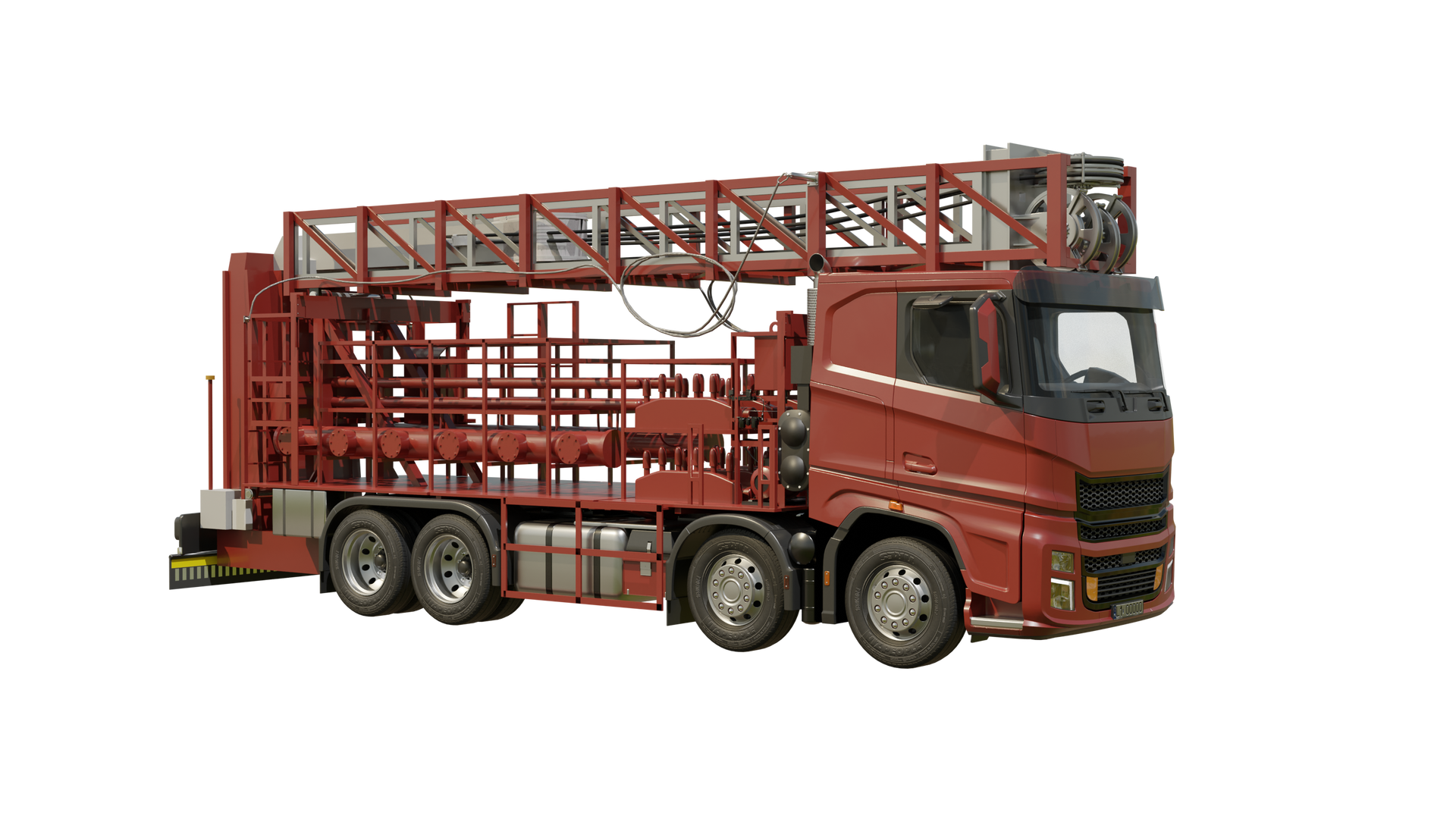 Na zdjęciu pokazano manifold na podwoziu ciągnika siodłowego.Na zdjęciu widoczna jest czerwona ciężarówka z czterema kołami po jednej stronie. Pomiędzy przednimi i tylnymi kołami znajduje się prostopadłościenny zbiornik.