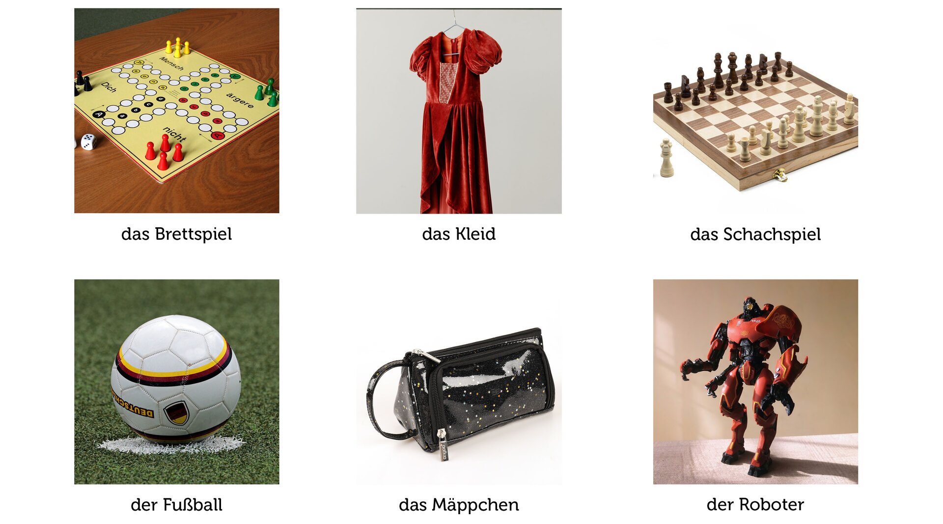 Ilustracja przedstawia podpisane przedmioty. das Brettspiel, das Kleid, das Schachspiel, der Fußball, das Mäppchen, der Roboter.