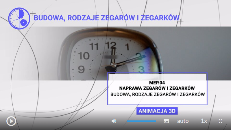 Zdjęcie przedstawia ekran wyświetlacza filmu instruktażowego pod tytułem Naprawa zegarów i zegarków.  Na zdjęciu widnieje mężczyzna naprawiający zegar oraz napis MEP.04 naprawa zegarów i zegarków, diagnostyka zegarów i zegarków , film instruktażowy (tutorial).  Na dole zdjęcia widnieją ikonki odpowiadająca za: odtwarzanie filmu,  głośność filmu, alternatywną ścieżkę dźwiękową, napisy , szybkość odtwarzania oraz wielkość obrazu.