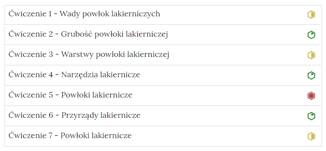 Zdjęcie przedstawia przykładowy wygląd zakładek zawierających interaktywne materiały sprawdzające. Składają się one z prostokątnych paneli umieszczonych jeden pod drugim. Każdy panel posiada numer oraz tytuł, który nawiązuje do zawartego w nim zadania.