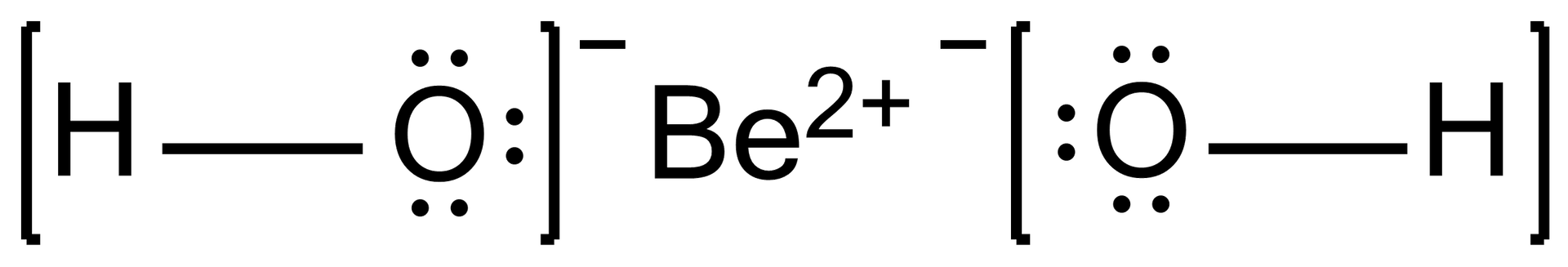 Ilustracja przedstawiająca wzór strukturalny wodorotlenku. Na środku kation Be2+, z prawej oraz z lewej strony w nawiasach kwadratowych grupy O H zapisane tak, że atomy tlenu obdarzone ładunkiem ujemnym, mają trzy wolne pary elektronowe, skierowane są do atomu berylu. Ładunek grup O H jest oznaczony minusem w indeksie górnym względem nawiasów kwadratowych.