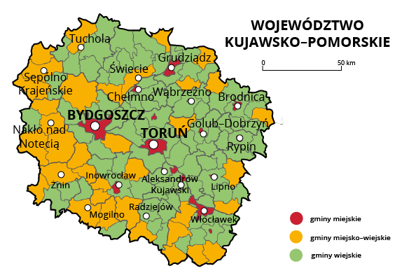 Mapa województwa kujawsko‑pomorskiego. Na mapie szarymi liniami zaznaczono granice powiatów ziemskich, białymi kropkami zaznaczono miasta będące stolicami powiatów. W obrębie powiatów ziemskich kolorami wyróżniono gminy miejskie (na czerwono), miejsko‑wiejskie (na żółto) i wiejskie (na zielono). Stolicami województwa są Bydgoszcz i Toruń. Stolicami gmin miejskich są Bydgoszcz, Toruń, Chełmno, Wąbrzeźno, Brodnica, Rypin, Aleksandrów Kujawski, Lipno, Radziejów, Włocławek, Golub‑Dobrzyń, Inowrocław, Grudziądz. Stolicami gmin miejsko‑wiejskich są Sępólno Krajeńskie, Mogilno, Nakło nad Notecią, Żnin, Tuchola.