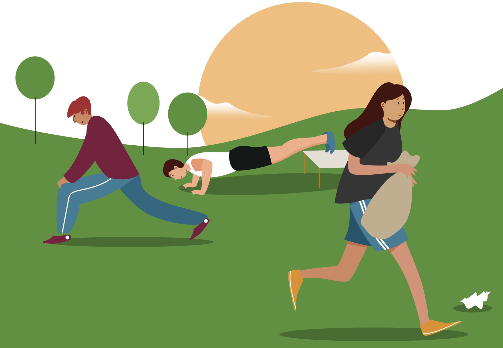 Grafika przedstawia park. Widoczna jest biegnąca kobieta, trzyma worek na śmieci, obok niej leży na ziemi śmieć. Widoczny jest również rozciągający się mężczyzna. Widoczny jest również mężczyzna robiący pompki przy pomocy podestu.