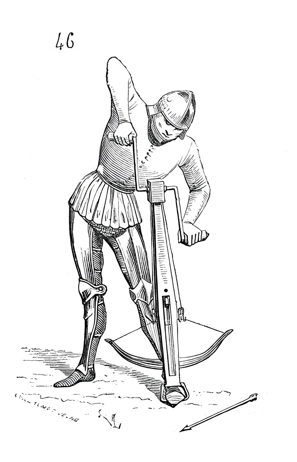 Ilustracja przedstawia żołnierza uzbrojonego w kuszę. Żołnierz pochyla się nad nią, naciągając cięciwę. Przytrzymuje kuszę stopą lewej nogi włożoną w jej strzemię ( rodzaj pętli na końcu). U jego stóp leży strzała, którą nazywamy bełt.  Kusznik ubrany jest w w hełm, krótką górę zapinaną na guziki, mocno przepasaną i spodnie z metalowymi nakolannikami.