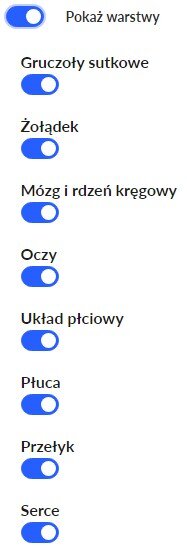 Lista warstw modelu 3D. W pionowej kolumnie znajduje się dziewięć niebieskich owalnych kształtów, każdy z nich ma białe kółko przy prawej krawędzi. Na samej górze przy takim punkcie znajduje się napis: Pokaż warstwy. Kolejne napisy umieszczone są nad kolejnymi owalnymi kształtami. Są to nastepujące hasła: gruczoły sutkowe, żołądek, mózg i rdzeń kręgowy, oczy, układ płciowy, płuca, przełyk i serce.