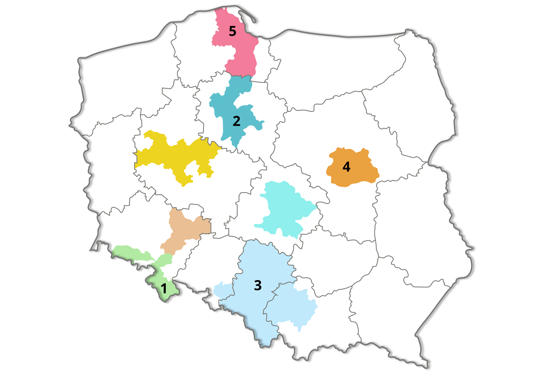 Ilustracja przedstawia mapę Polski. Cyfrą 1 zaznaczono obszar w województwie dolnośląskim, cyfrą 2 w kujawsko‑pomorskim, cyfrą 3 w śląskim i małopolskim, cyfrą 4 centralną część województwa mazowieckiego, cyfrą 5 obszar w województwie pomorskim. 
