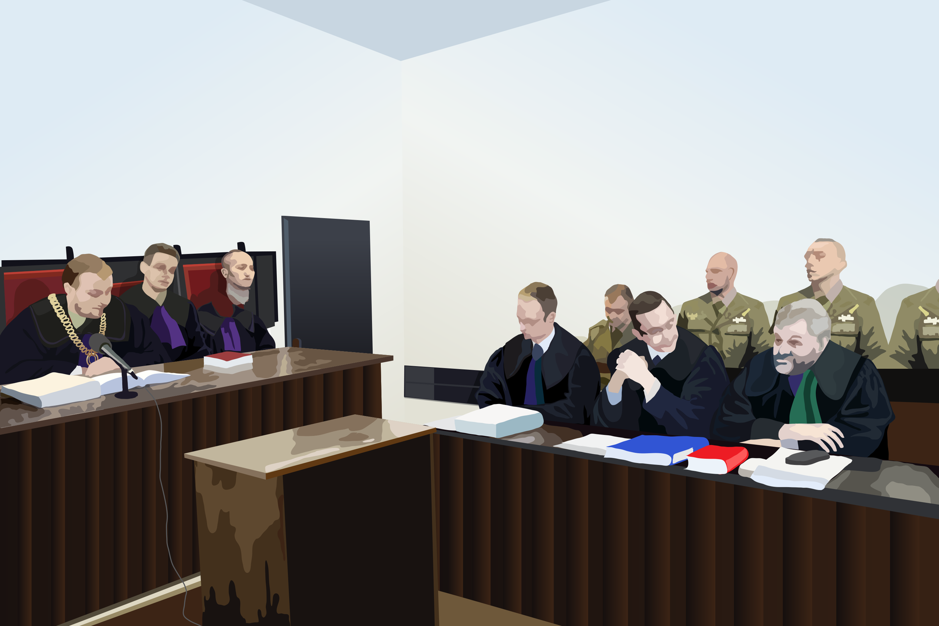 Kolorowa ilustracja przedstawia salę sądową. Po lewej ława sędziowska. Sędzia oraz 2 ławników na prawo od sędziego. Po prawej stronie ława prostopadle ustawiona do sędziego. Siedzą na niej trzy osoby. Od lewej - radca, oskarżony i adwokat. Za nimi w drugiej ławie siedzą czterej żołnierze w mundurach.