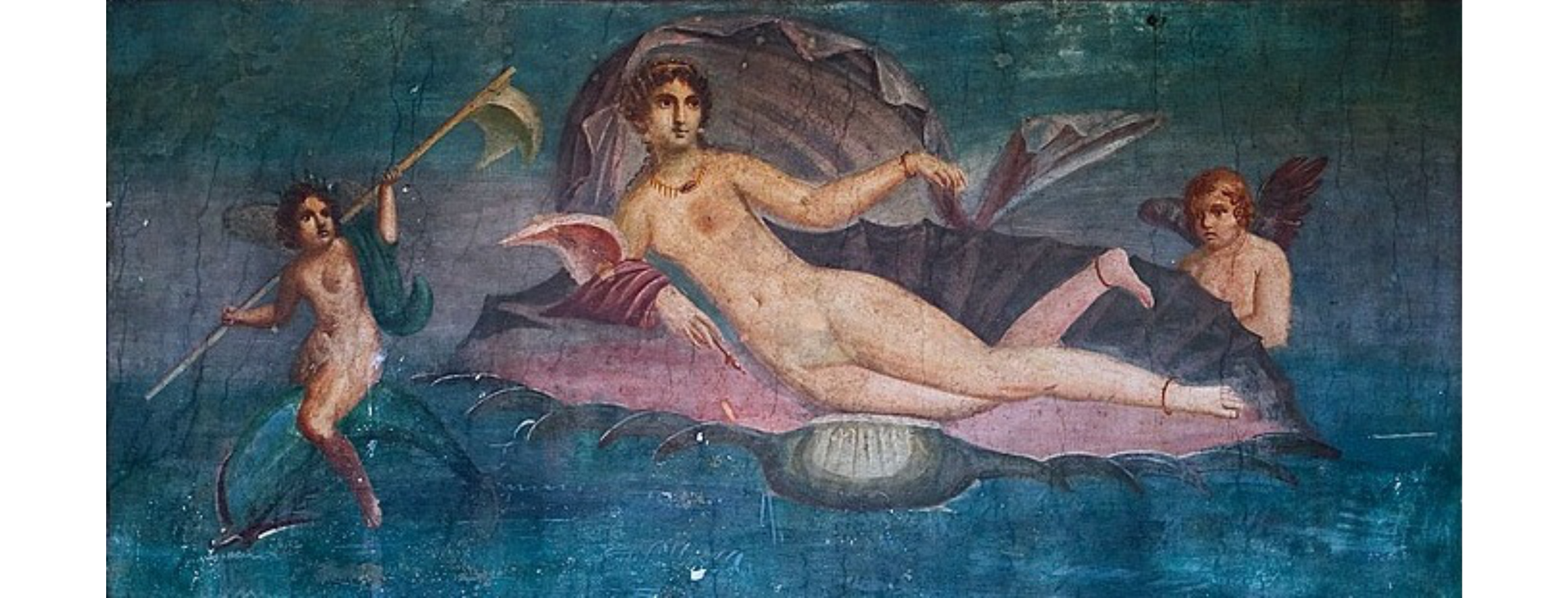 Grafika przedstawia fresk z Pompejów: "Narodziny Wenus". Fresk przedstawia nagą Wenus leżącą w muszli. Po bokach znajdują się dwie postacie ze skrzydłami.