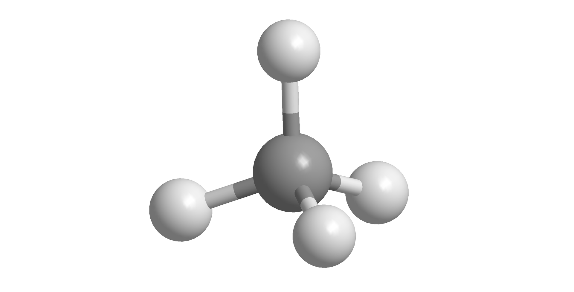 Na ilustracji znajduje się cząsteczka metanu. W centralnej części jest szara kula, która tworzy cztery wiązania pojedyncze z czterema kulami białymi.