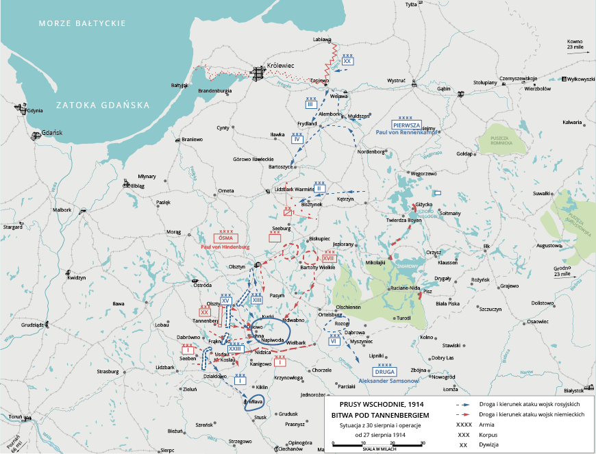 Mapa przedstawia Prusy wschodnie 1914 Bitwa pod Tannenbergiem. Sytuacja  z 30 sierpnia i operacje od 27 sierpnia 1914 roku. Droga i kierunek ataku wojsk rosyjskich ze wschodniej Polski na Lidzbark Warmiński. Z Olsztyna w kierunku południowym miejscowość Kurki. Droga i kierunku ataku wojsk niemieckich z Biskupca na południe do miejscowości Kurki. 