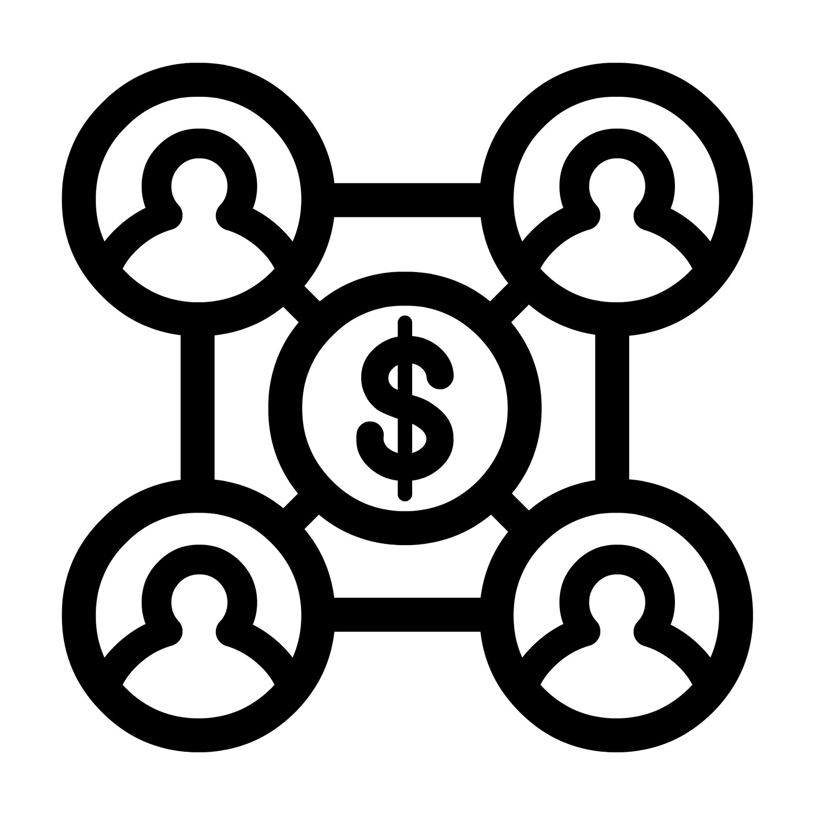 Ilustracja wektorowa przedstawia cztery figury symbolizujące ludzi pomiędzy którymi widnieje znak dolara – pieniędzy. Grafika symbolizuje biznes. 