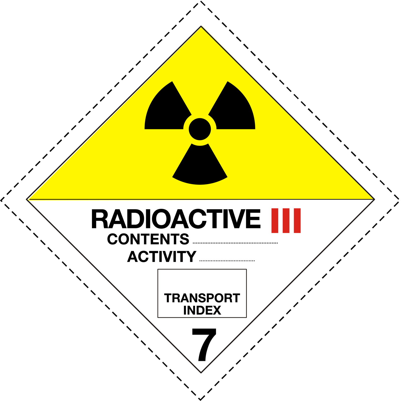 Ilustracja przedstawia oznaczenie Radioaktywne. Ma ono kształt rombu w kolorze białym z żółtą górną połową. Wzdłuż krawędzi znajduje się czarny pasek obramowania, a wewnątrz jest symbol składający się z kółka trzech odchodzących od niego zaokrąglonych trapezów zrobionych z szóstych części koła każdy. Poniżej symbolu są napisy Radioactive trzy, contents z miejscem na wpisanie zawartości, activity z miejscem na wpisanie aktywności, ramka podpisana transport index oraz cyfra siedem na samym dole.