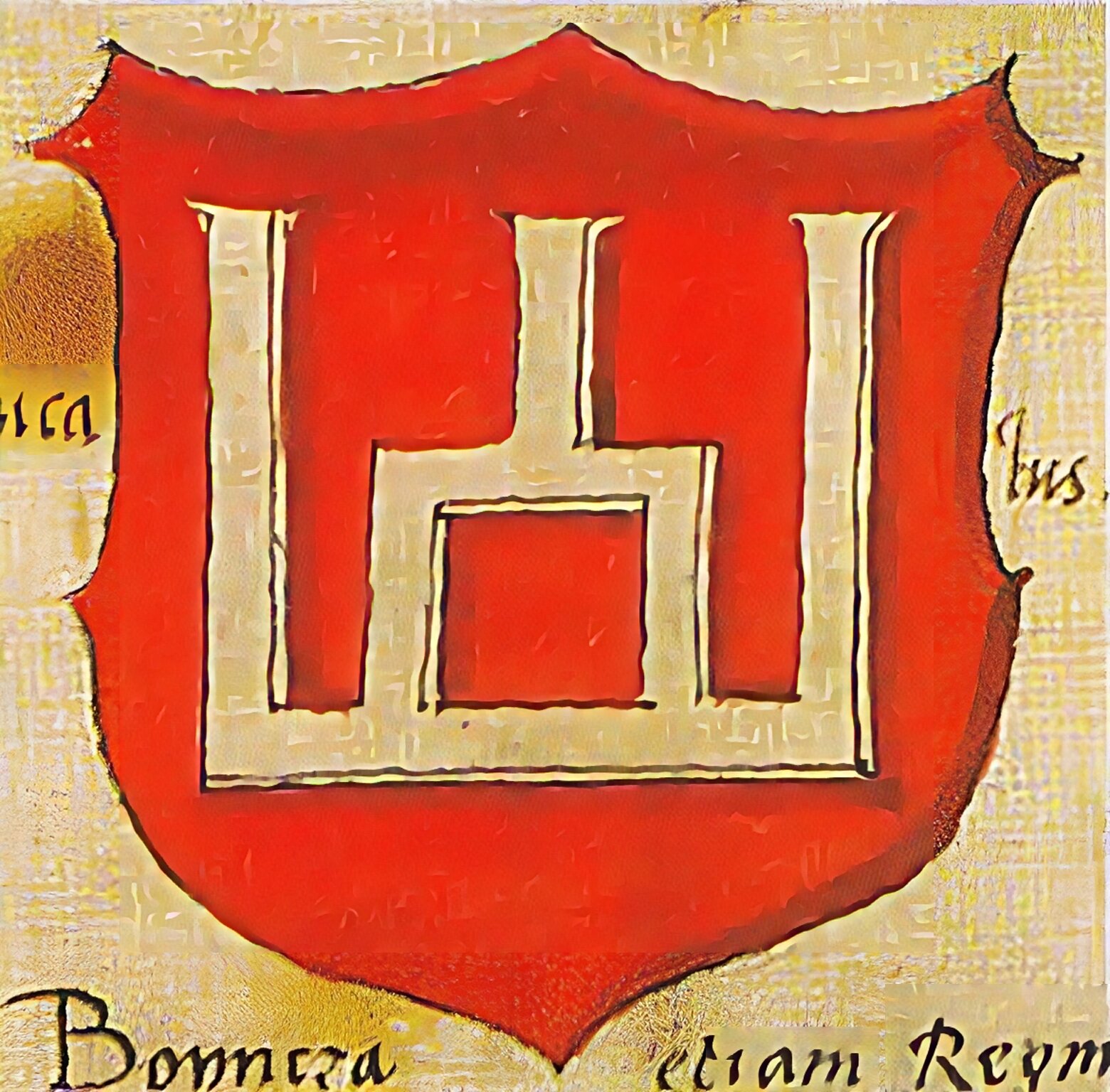 Ilustracja przedstawia na czerwonej tarczy herbowej trzy złote filary oparte na belce, z których środkowy rozszerza się na kształt bramy. 