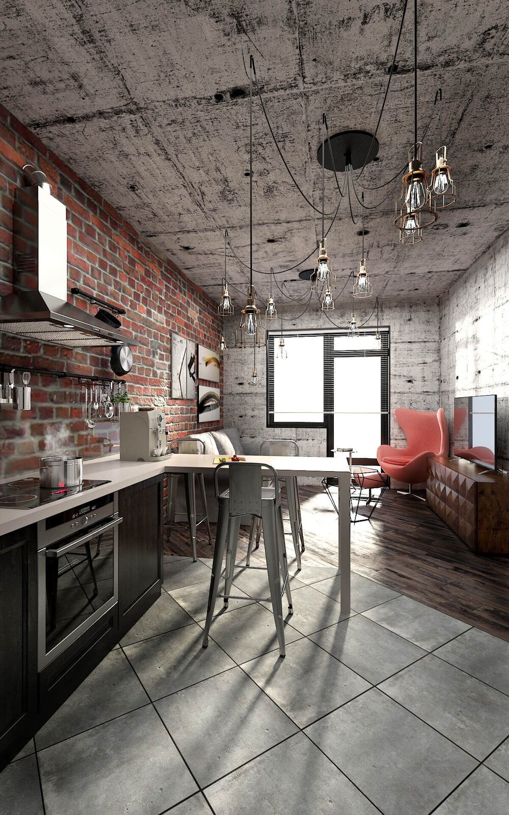 Na ilustracji widać pokój w surowym stanie. Ściana tylna, prawa oraz sufit są w kolorze szarego betonu z czarnymi przetarciami. Ściana z lewej strony jest oklejona tapetą imitującą mur z cegły. W lewym dolnym rogu ilustracji jest biały blat kuchenny w kształcie litery L. Pośrodku blatu znajduje się kuchenka elektryczna, pod nią znajduje się piekarnik ze srebrnym wykończeniem. Na kuchence stoi srebrny garnek, z którego uchodzi para wodna. Nad kuchenką widnieje uchwyt ścienny, na którym wiszą akcesoria kuchenne. Nad uchwytem widać srebrny okap. Na łączeniu stołu znajduje się biały ekspres do kawy. Po dwóch stronach blatu stoją trzy metalowe krzesła. Za częścią kuchenną znajduje się strefa salonową. Na lewej ścianie znajdują się trzy obrazy z białym tłem. Pod obrazami jest szara sofa. Na tylnej ścianie znajdują się drzwi oraz okno balkonowe, zasłonięte w ¾ roletą bambusową. Przed sofą stoi mały stolik z czarnymi podporami w kształcie diamentu z drewnianym blatem. W prawym rogu pokoju znajduje się różowy fotel, który posiada metalową nóżkę. Po prawej stronie fotela widać drewnianą komodę. Na komodzie znajduje się płaski telewizor. Z sufitu zwisa żyrandol pająk. Posiada on 10 żarówek.