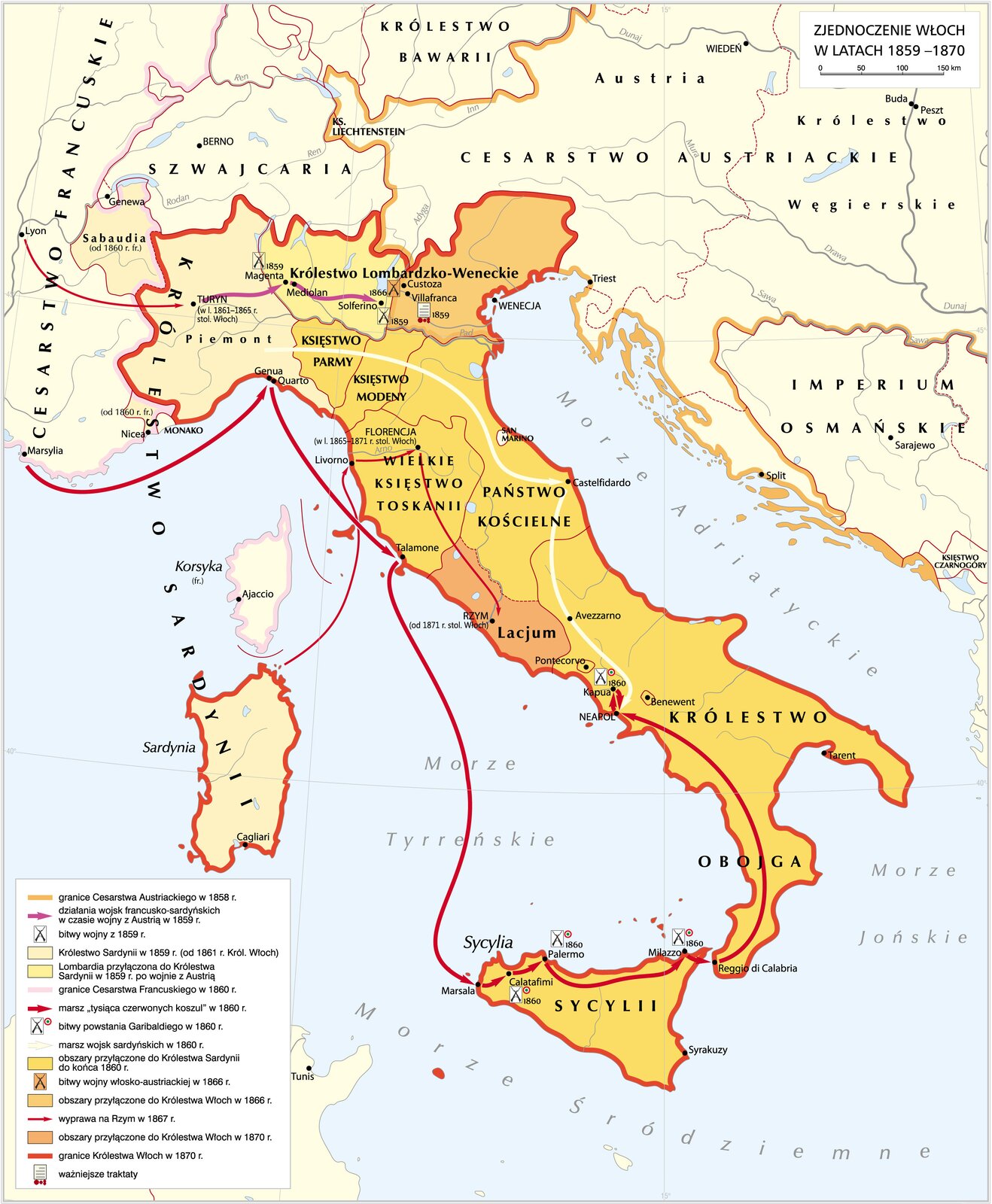 Mapa przedstawia zjednoczenie Włoch od 1859 do 1870 roku. W 1858 roku Cesarstwo Austriackie kontrolowało obszar Lombardii, Wenecji, Dalmacji, Austrii, Węgier oraz Krainy.  Królestwo Sardynii zajmowało obszar Piemontu, Sabaudii i Sardynii.  W 1859 roku podczas wojny z Austrią wojska Francuskie wraz z oddziałami Sardynii wkroczyły do Turynu, Mediolanu i dotarły Az pod Solferino. W 1859 po wygranej wojnie z Austrią, Lombardia została przyłączona do Królestwa Sardynii. W 1860 roku Sardyńska Sabaudia oraz obszar wokół Monako został przyłączony do Francji. W 1860 roku do Królestwa Sardynii został przyłączony region Wenecji. W 1860 roku z francuskiej Marsylii wyruszył tysiąca czerwonych koszul. Drogą morską wzdłuż wybrzeża dotarli oni do Sycylii, gdzie po stoczeni kilku zwycięskich bitew przedostali się na południe półwyspu Apenińskiego i dotarli do Neapolu. Jednocześnie wojna Sardyńskie wyruszyły na południe również w stronę Neapolu.  W 1861 roku Królestwo Sardynii stało się Królestwem Włoch W 1866 roku do Królestwa Włoch przyłączono Księstwo Parmy, Księstwo Modeny, Wielkie Księstwo Toskanii, północną część Państwa Kościelnego oraz Królestwo Obojga Sycylii. W 1867 rozpoczęła się wyprawa na Rzym. Włoskie wojska zostały przerzucone z Sardynii do Toskanii i stamtąd wyruszyły i przejęły kontrolę nad resztą Państwa Kościelnego.  W 1870 roku do Królestwa Włoch przyłączono południową część Państwa Kościelnego. W 1871 roku Rzym stał się stolicą Królestwa Włoch. 