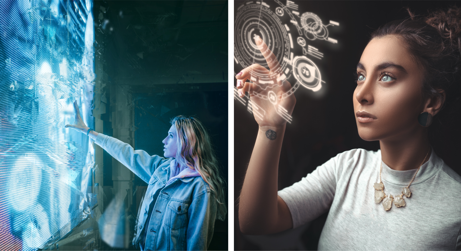 Ilustracja składa się z dwóch zdjęć. Zdjęcie po lewej przedstawia dziewczynę z długimi włosami, ubraną w dżinsową kurtkę. Dziewczyna wyciąga rękę w stronę rozświetlonej, trójwymiarowej tablicy. Na drugim zdjęciu znajduje się dziewczyna z dużymi oczami, która przygląda się wyświetlającemu się modelowi 3D.