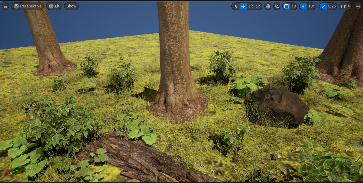 Ilustracja przedstawia obszar roboczy programu. Tam poszycie z mchu z niskimi roślinami oraz pnie drzew. 