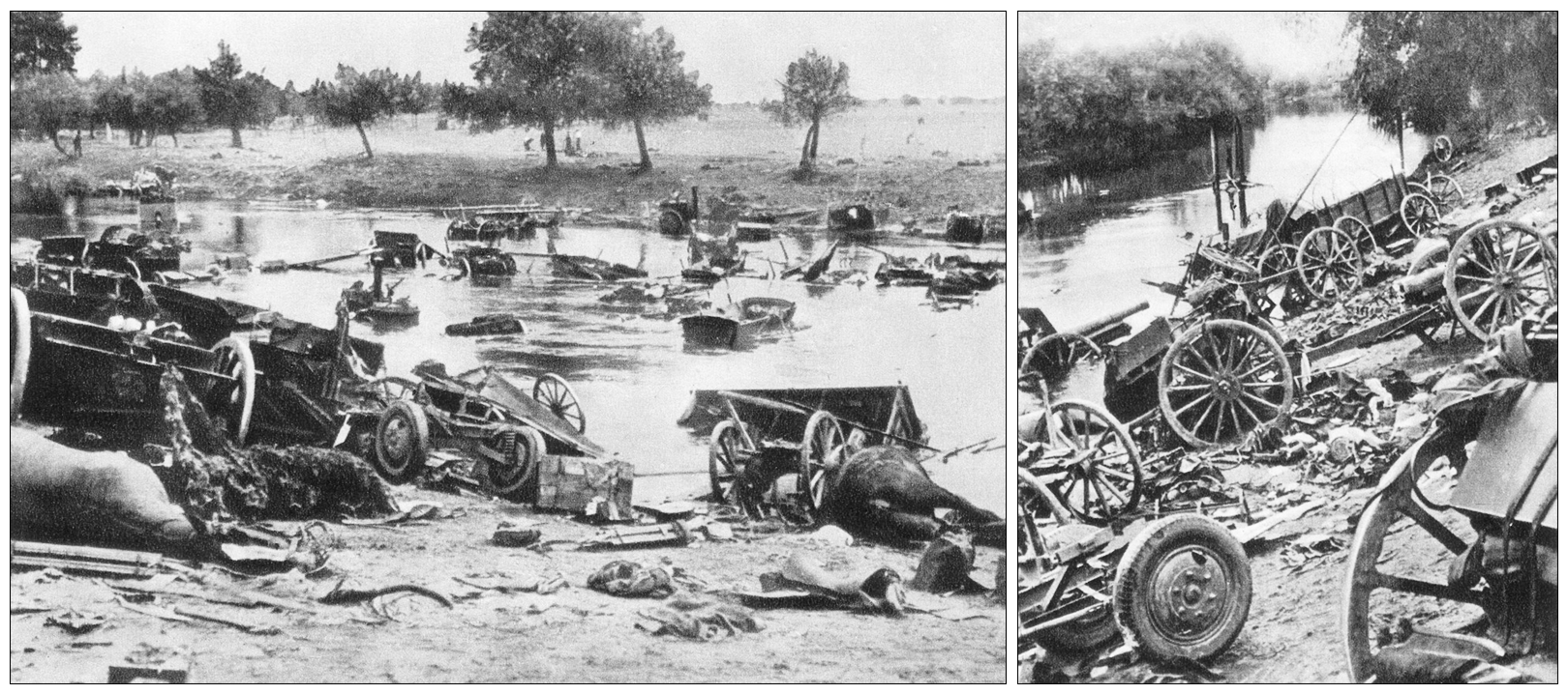 Na lewo widoczne brzegi Bzury, na których pozostawiono zniszczony i niesprawny sprzęt wojenny, głownie w dyspozycji polskiej kawalerii. Na pierwszym planie z lewej strony znajdują się obok zwłok koni fragmenty przeciwpancernych armat wz. 36, będących na wyposażeniu kawalerii. Rzekę wypełniają wozy transportowe z pakunkami amunicji oraz po lewej stronie zniszczona armata przeciwpancerna Bofors 37 mm. Podobny nieład sprzętu artyleryjskiego znajduje się na dalszym planie fotografii po prawej stronie. Na prawo fotografia ukazująca zniszczenia wojenne na przeprawie przez bród rzeki Bzury. Na pierwszym planie widoczne na brzegu wozy transportowe z amunicją oraz zniszczone armaty przeciwpancerne, które zalegają też rzekę.