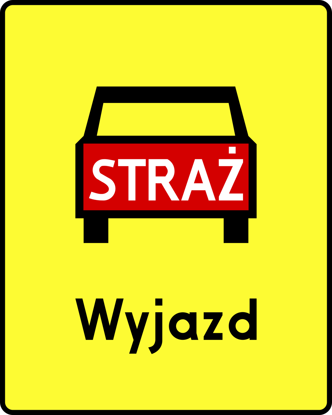 Na ilustracji znak oznaczony symbolem T‑16 wskazująca miejsce wyjazdu pojazdu uprzywilejowanego na niej oznaczonego. Tłem jest żółte pole powstałe z prostokąta po zaokrągleniu jego rogów. Tło obramowane czarną linią. W środku czarne, symboliczne kontury pojazdu osobowego. Front pojazdu to czerwony prostokąt z białym napisem "Straż". Pod spodem czarny napis: "Wyjazd".