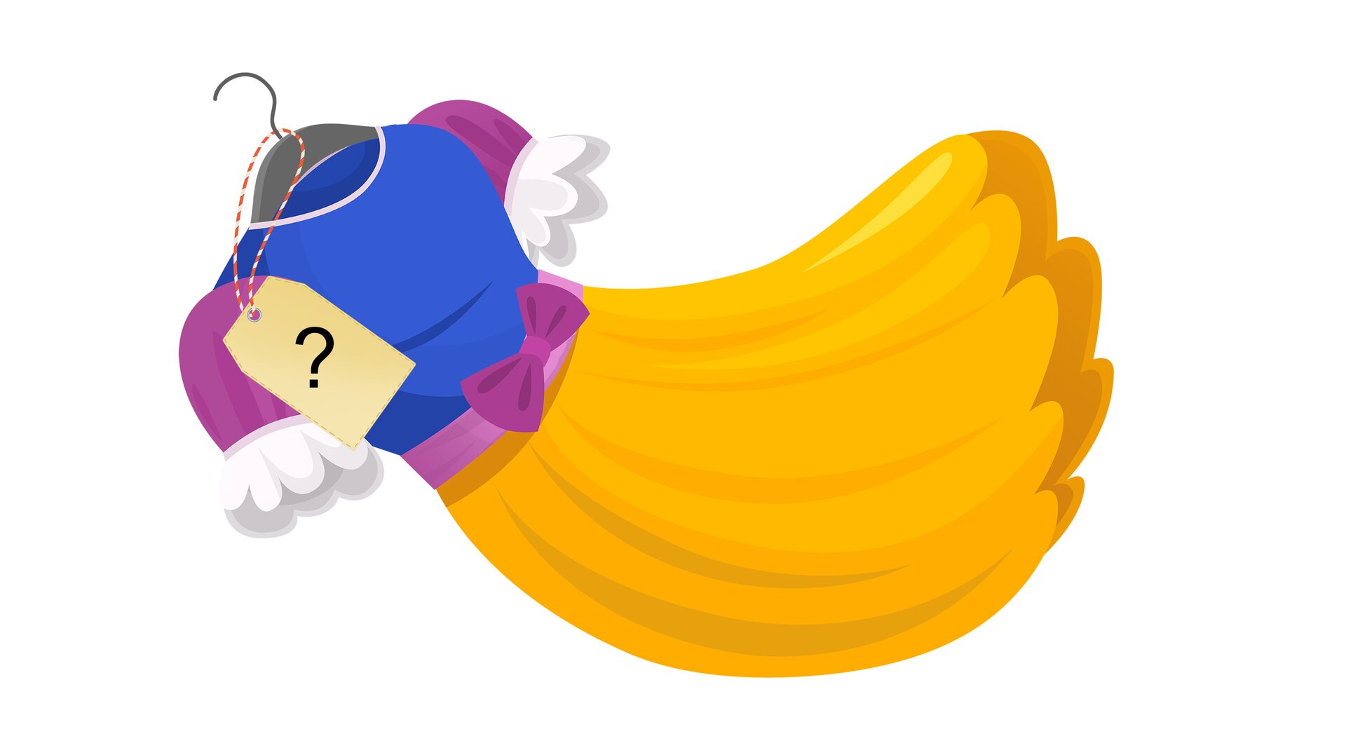 Ilustracja przedstawia sukienkę, do której przyczepiona jest karteczka ze znakiem zapytania.