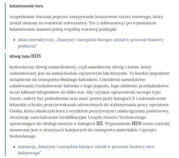 Zrzut ekranu przedstawia pojęcie ze Słownika. Konstrukcja jest następująca: pojęcie, poniżej jego wyjaśnienie, a pod nim znajduje się link, po którego kliknięciu użytkownik przenosi się do rozdziału w tym materiale, w którym dane pojęcie jest wykorzystywane. Linków może być jeden lub kilka, w zależności od tego, w ilu rozdziałach użyto pojęcia.