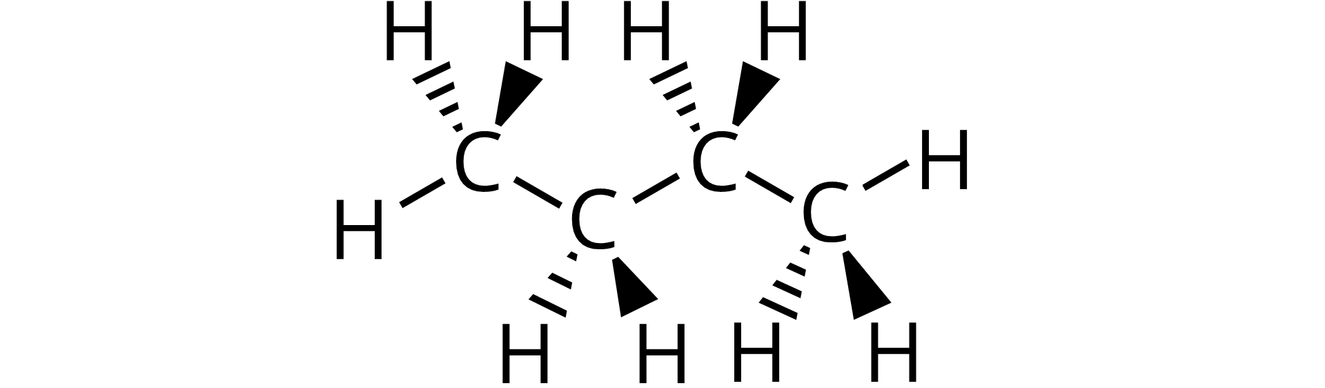 Na ilustracji jest wzór przestrzenny butanu: cztery atomy węgla połączone ze sobą wiązaniami pojedynczymi tworzą zygzak. Zewnętrzne atomy węgla łączą się z trzema atomami wodoru, pozostałe z dwoma.