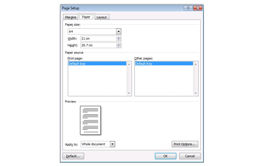Zrzut z ekranu przedstawia właściwości strony (page setup) z aktywną kartą Paper. Od góry można zefiniować Paper size, Width, Height. Następnie Paper source: first page oraz other pages. Ostatnim elementem do ustawienia jest Preview oraz Apply to. Na dole formatki znajdują się przyciski: Set As Default, OK Cancel.