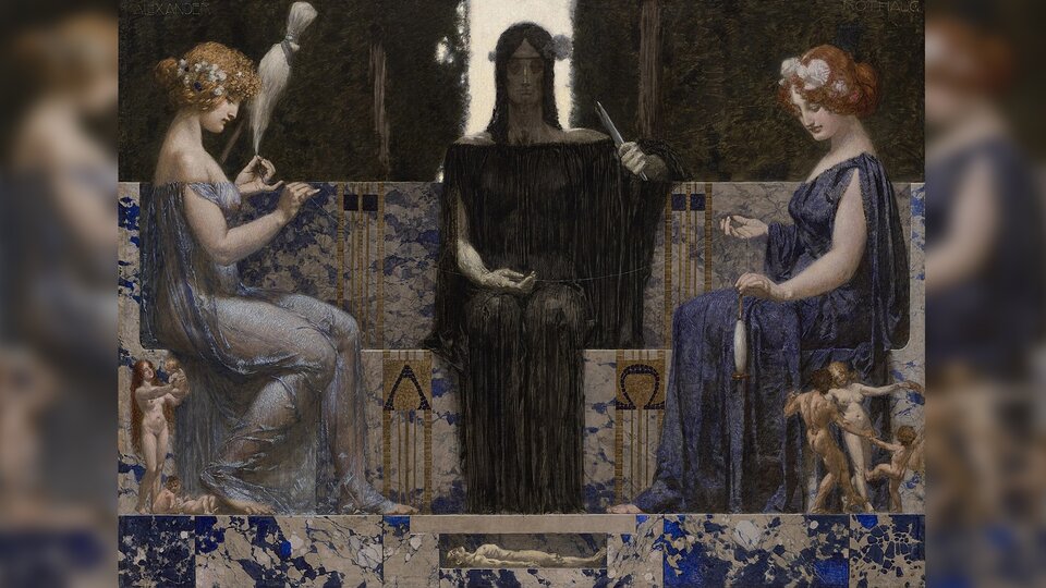 Obraz przedstawia trzy kobiety siedzące na kamiennym siedzisku w półkolu: jedna pośrodku, dwie po jej bokach, profilem do widza. Noszą półprzezroczyste, zwiewne szaty. Pierwsza z lewej, ma jasnobłękitną szatę, rude, kręcone włosy, upięte w kok z drobnymi kwiatkami. Wysnuwa z kądzieli nitkę, obok niej stoi kilkukrotnie pomniejszona postać nagiej kobiety, trzymającej na ręku niemowlę, u jej stóp bawi się dwoje małych dzieci. Po prawej stronie siedzi druga kobieta w ciemnoniebieskiej sukni, również o rudych włosach upiętych w kok z białymi kwiatami. Nawija ona nitkę na motowidło i podaje prawą ręką nitkę kobiecie siedzącej na środku. Obok niej, w prawym rogu, znajdują się pomniejszone, nagie postacie kobiety mężczyzny i dziecka, trzymają się za ręce tworząc koło. Na środku siedzi kobieta w czerni, z czarnymi oczodołami. Ma długie, rozpuszczone włosy i posępny wyraz twarzy, w prawej dłoni trzyma nożyce, którymi za chwilę przetnie trzymaną w prawej dłoni nić. Pod jej stopami, pod posadzką leży naga postać pomniejszonego kilkukrotnie mężczyzny.