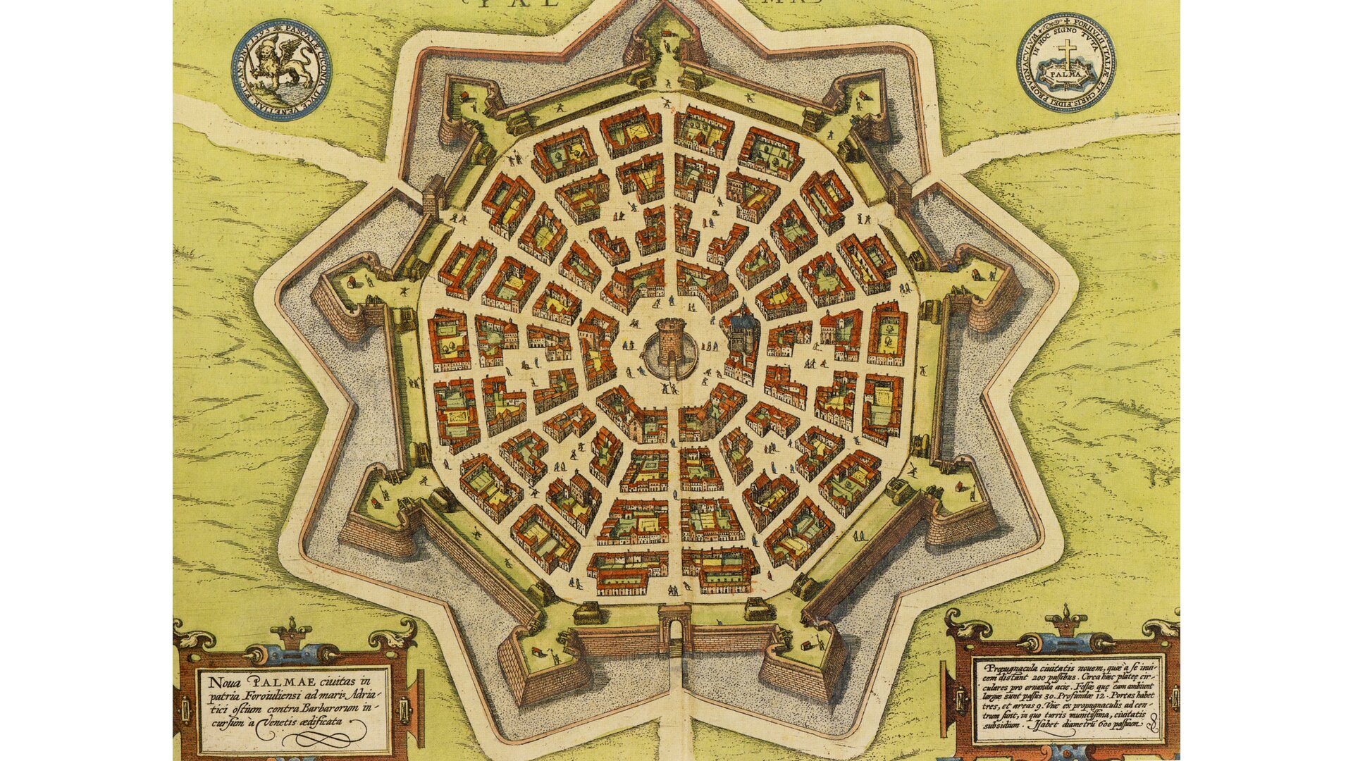 Rysunek przedstawia plan miasta Palmanuova we Włoszech o kształcie ośmioramiennej gwiazdy. Miasto otoczone jest murem, na każdym z ramion znajdują się wieżyczki. W jego centralnej części znajduje się zamek, od którego rozchodzą się ulice, tworząc coraz większe okręgi.