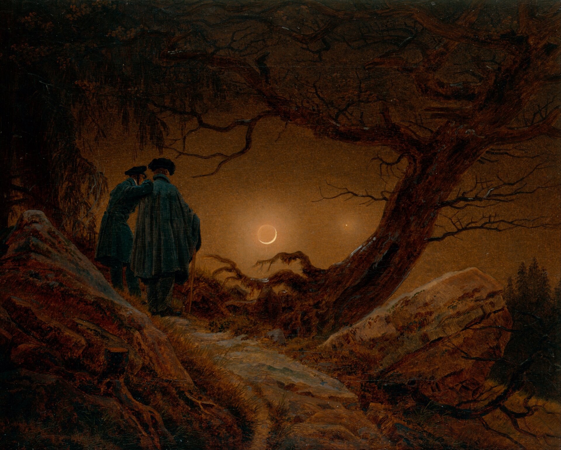 Dwaj mężczyźni obserwujący księżyc Źródło: Caspar David Friedrich, Dwaj mężczyźni obserwujący księżyc, 1819, domena publiczna.