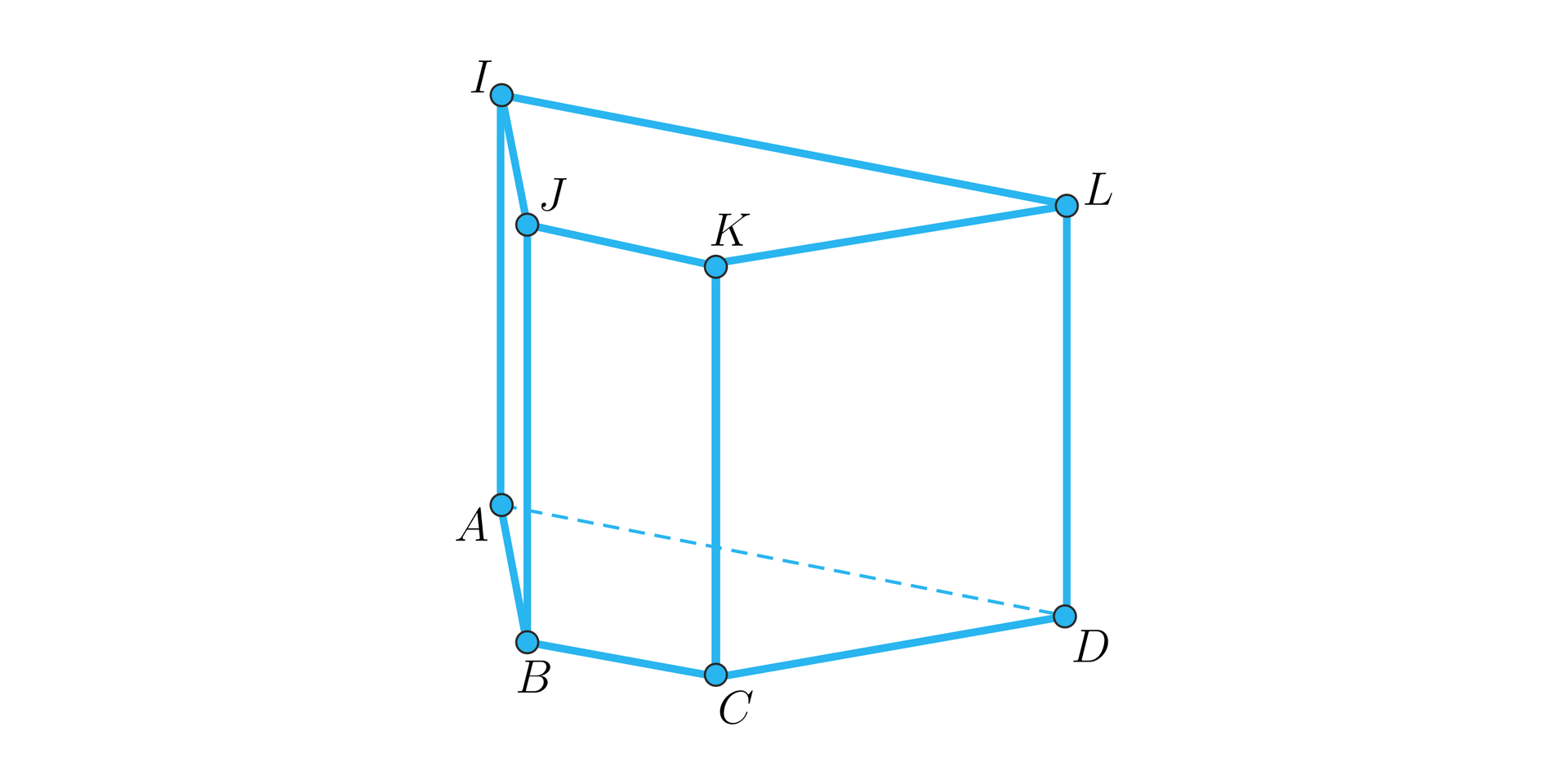 Rysunek przedstawia graniastosłup prosty o czterech prostokątnych ścianach bocznych i podstawach będących trapezami równoramiennymi. Dolna podstawa to trapez ABCD, gdzie AB i CD to ramiona, a BC i AD to równoległe do siebie podstawy trapezu. Górna podstawa graniastosłua to trapez IJKL, gdzie IJ i KL to ramiona, a JK i IL to równoległe do siebie podstawy trapezu. Dodajmy jeszcze, że nad wierzchołkiem A znajduje się wierzchołek I, nad wierzchołkiem B znajduje się wierzchołek J, nad wierzchołkiem C znajduje się wierzchołek K oraz nad wierzchołkiem D znajduje się wierzchołek L.