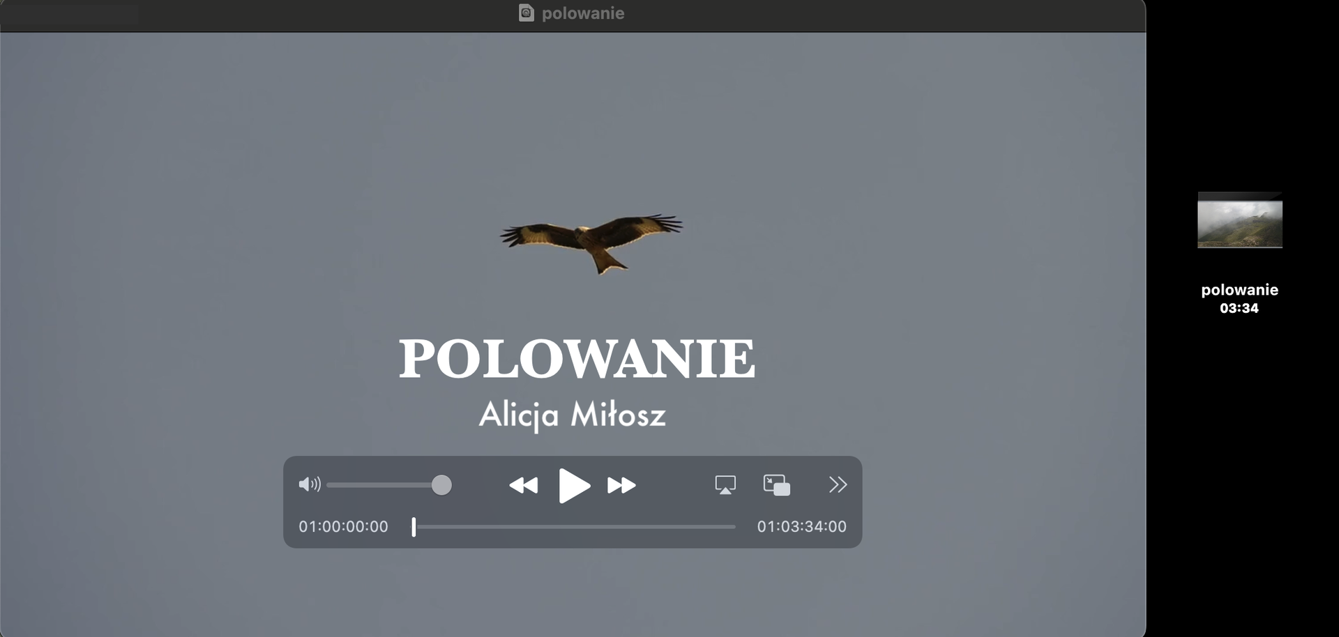 Ilustracja przedstawia miniaturę filmu. Znajduje się na niej lecący ptak drapieżny. Znajduje się tam również napis: Polowanie, Alicja Miłosz. Poniżej napisu znajduje się ścieżka filmowa. Po prawej stronie znajduje się czarny pionowy pasek, na którym znajduje się mała miniaturka wideo zatytułowana polowanie 03:34. 