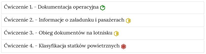 Zrzut ekranu przedstawia przykładowy wygląd zakładek z interaktywnymi materiałami sprawdzającymi. Widoczne są cztery zakładki z ćwiczeniami, na każdej zakładce jest numer ćwiczenia i jego tytuł. Po tytule widać symbol poziomu trudności danego ćwiczenia.