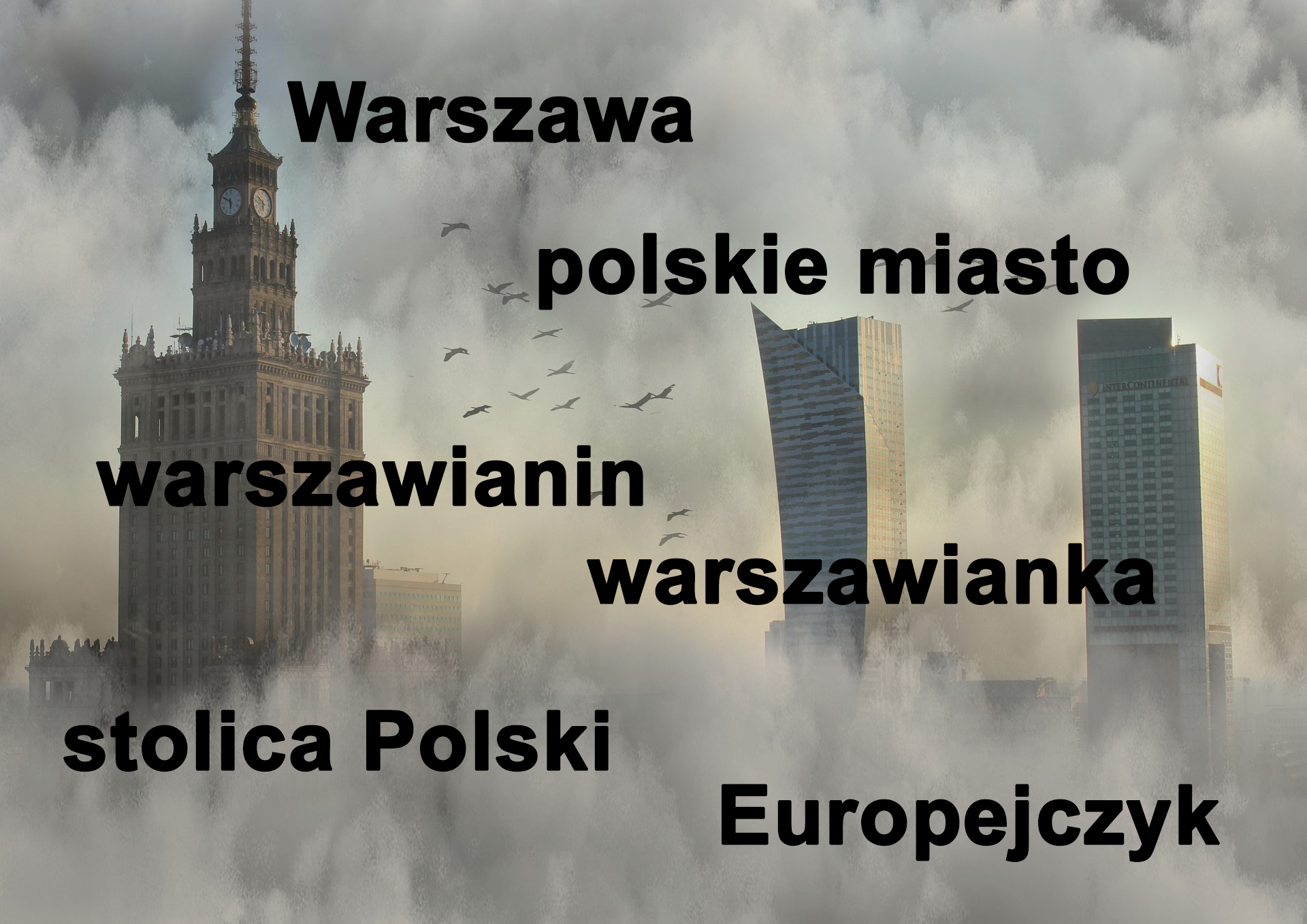 Fotografia przedstawia trzy wysokie budynki wyłaniające się z mgły. Od lewej strony górna część budynku zakończonego czworoboczną wieżą z zegarem i wysoką iglicą. Jest to Pałac Kultury i Nauki. Po prawej górne części dwóch wieżowców. W tle chmury. Na fotografii od góry napisy: Warszawa, polskie miasto, warszawianin, warszawianka, stolica Polski, Europejczyk.