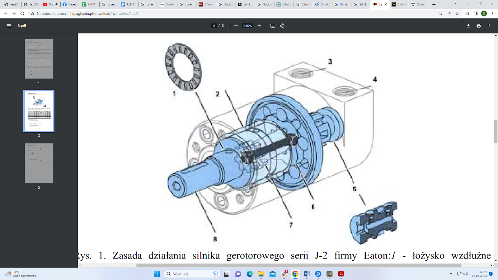 Rys. 17.13. Budowa gerotorowego silnika hydraulicznego: 1. łożysko wzdłużne (oporowe); 2. tuleja; 3. gniazda przyłączeniowe; 4. gniazda przyłączeniowe; 5. suwak obrotowy; 6. wirnik gerolera; 7. wałek Cardana oraz wałek zbierakowy; 8. wałek napędowy
