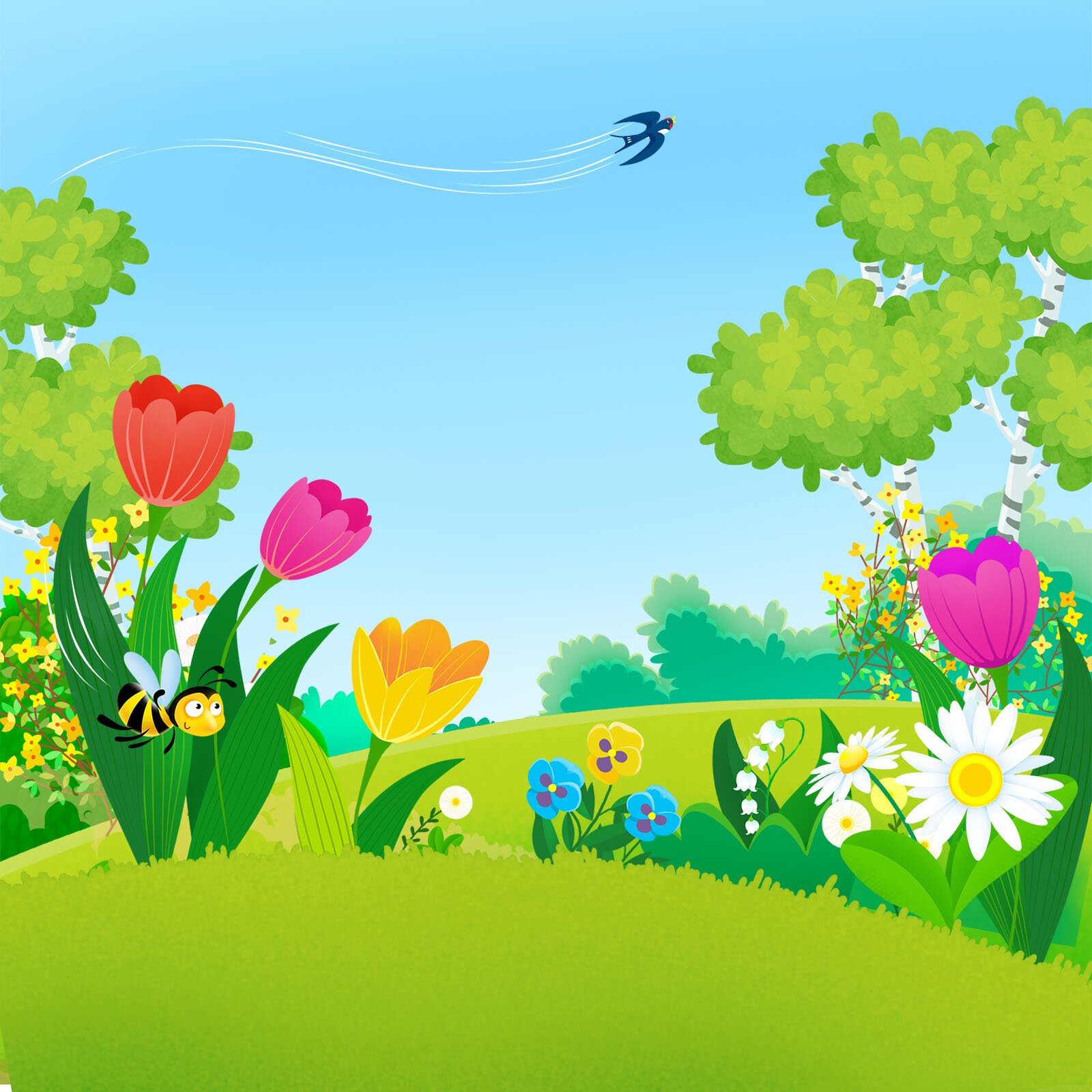 Ilustracja przedstawia kwitnące wiosenne kwiaty.