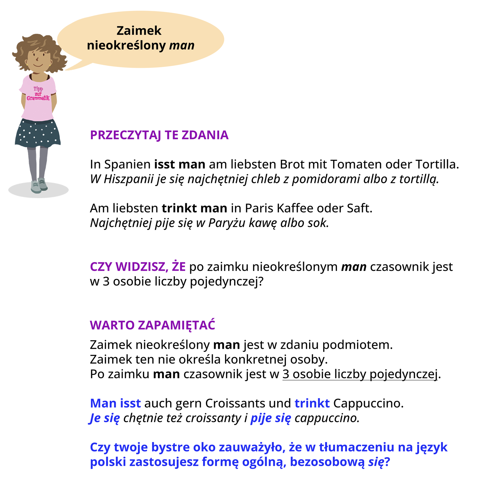 Ilustracja zawiera poradę językową.
Grafika przedstawia dziewczynkę ubraną w różową bluzkę z napisem Tipp zur Grammatik oraz w szarą spódniczkę w grochy. 
Dziewczynka mówi: Zaimek nieokreślny man.
Pozostałą część ilustracji stanowi tekst, którego treść wyświetla się w trybie dostępności.