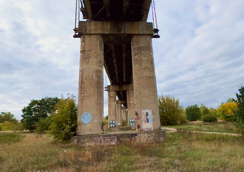 Zdjęcie przedstawia podporę estakady. Widoczny jest fragment dźwigarów estakady, które podtrzymywane są przez podpory. Podpory mają postać dwóch wysokich filarów stojących obok siebie. Na dole wokół podpór widać rosnące krzewy.
