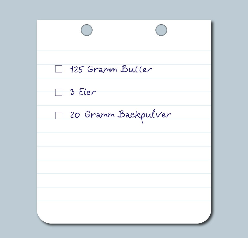 Ilustracja przedstawia listę produktów: 125 Gramm Butter, 3 Eier, 20 Gramm Backpulver.