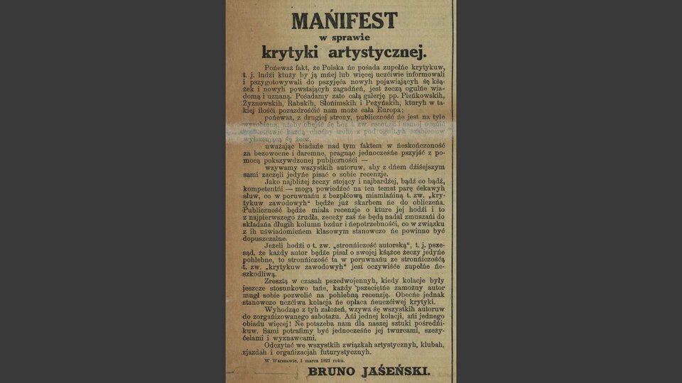 Zdjęcie przedstawia stronę tytułową Manifestu w sprawie krytyki artystycznej Brunona Jasieńskiego.