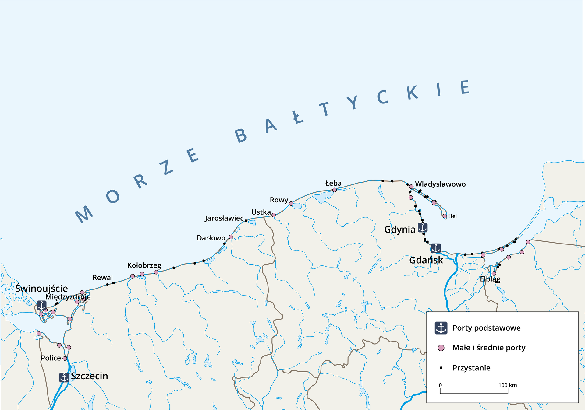 Plansza przedstawiająca wybrzeże Polski. Małymi czarnymi kropkami oznaczono przystanie (między innymi znajdują się one w: Międzyzdrojach, Rewalu, Darłowie, Jarosławcu oraz w Elblągu). Większymi różowymi kropkami małe i średnie porty (między innymi znajdują się one w: Policach, Kołobrzegu, Ustce, Rowach, Łebie, Władysławowie, Helu oraz w Elblągu). Sygnaturami w postaci białej kotwicy na granatowym tle oznaczono porty podstawowe (do których zaliczono Szczecin, Świnoujście, Gdynię i Gdańsk).