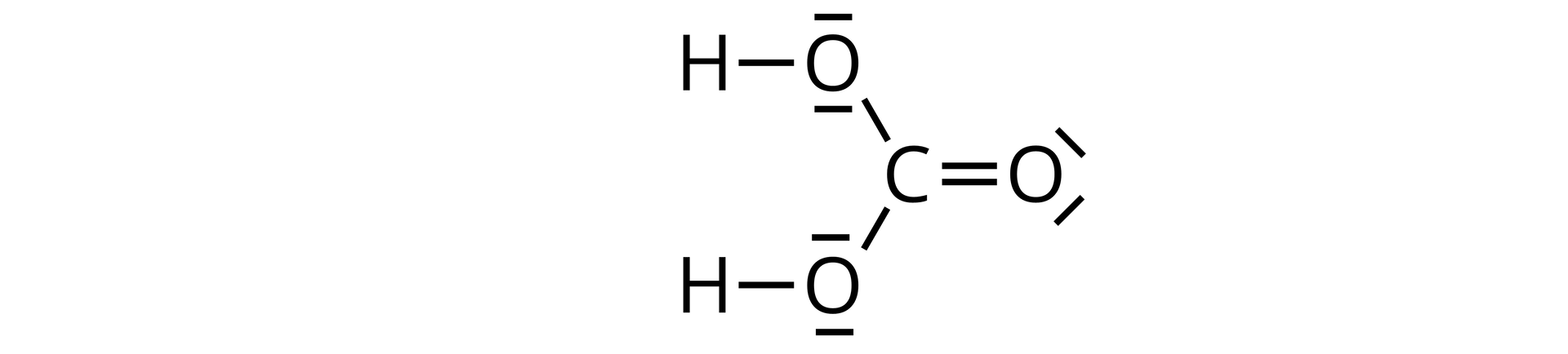 Ilustracja przedstawiająca wzór kwasu węglowego zbudowanego z atomu węgla C połączonego za pomocą wiązania podwójnego z atomem tlenu O posiadającym dwie wolne pary elektronowe. Ponadto atom węgla łączy się z dwiema grupami hydroksylowymi OH, w których to każdy z atomów tlenu posiada po dwie wolne pary elektronowe.