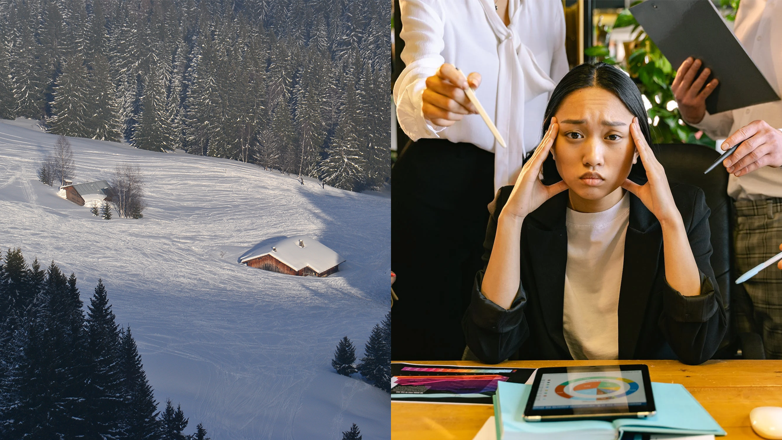 Ilustracja składa się z dwóch zdjęć.  Na zdjęciu po lewej stronie widoczny jest przysypany śniegiem stok górski. Na zboczu można dostrzec górne części i dachy dwóch domów, pokryte warstwą śniegu. Dookoła polany rozciąga się iglasty las, którego drzewa są delikatnie przyprószone śniegiem.  Na zdjęciu po prawej stronie przedstawiona jest kobieta, ukazana od pasa w górę, siedząca przy drewnianym biurku. Obejmuje skronie obiema dłońmi, kciukami podpierając brodę. Ma zmarszczone czoło i zbolały wyraz twarzy. Przed nią na biurku leży otwarty notes, a na nim włączony tablet. Za nią, po prawej i lewej stronie, stoją dwie kobiety. Każda z nich trzyma długopis, którym wskazuje na siedzącą kobietę. Osoba po prawej stronie dodatkowo trzyma podkładkę pod dokumenty.