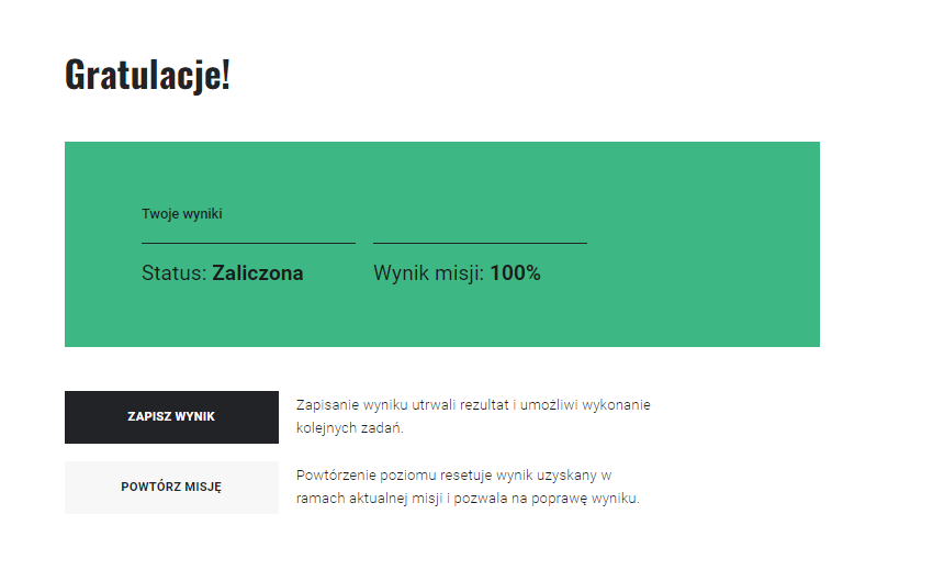 Ekran podsumowania w grze edukacyjnej po udzieleniu prawidłowych odpowiedzi