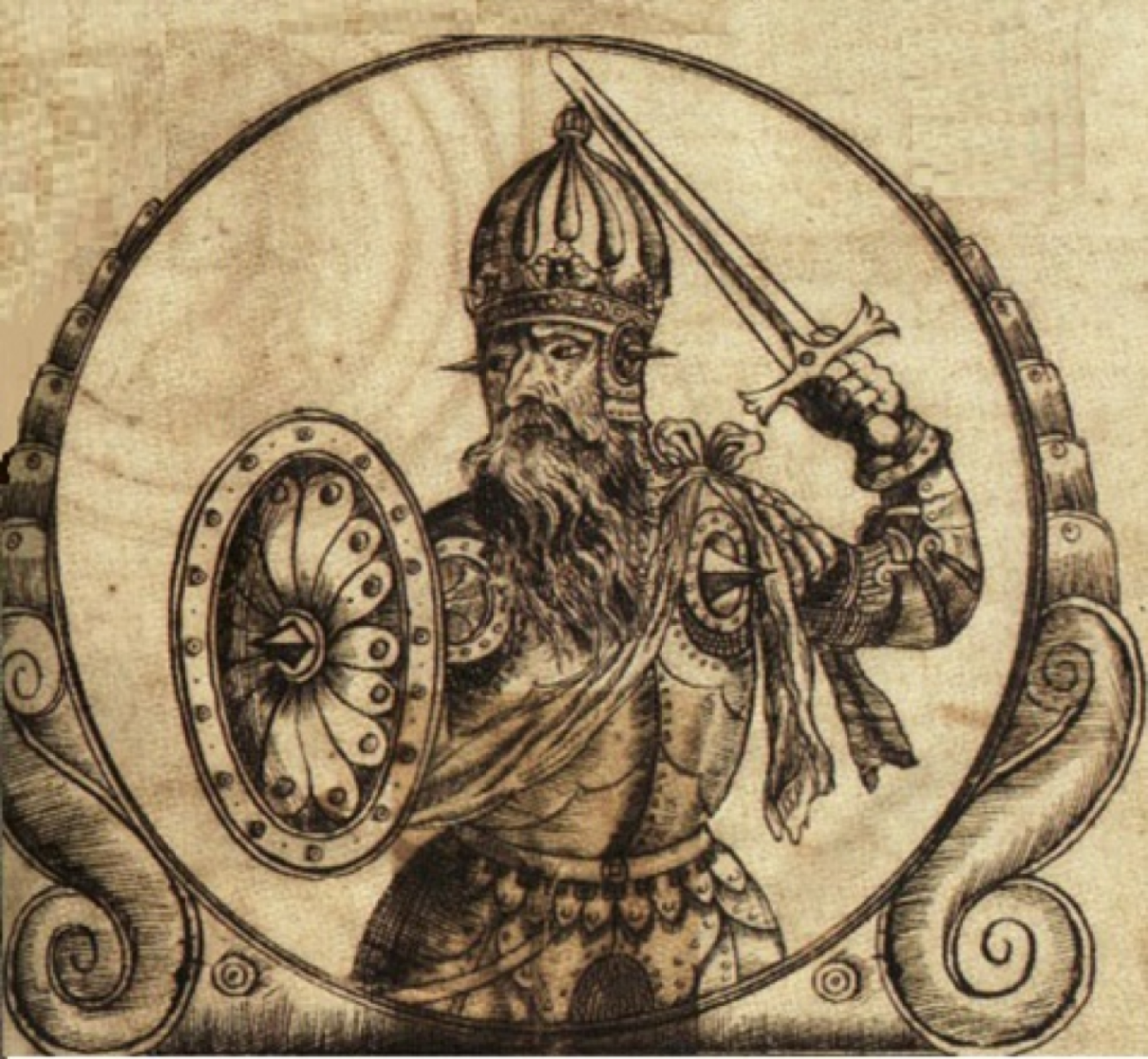 Na ilustracji rycina z wizerunkiem rycerza w starszym wieku. Ma długą brodę. Nosi zbroję przepasaną wstęgą przez lewe ramię. Z prawej dłoni rycerz trzyma tarczę, a w lewej miecz, który unosi w górę. Na głowie rycerza jest szyszak.