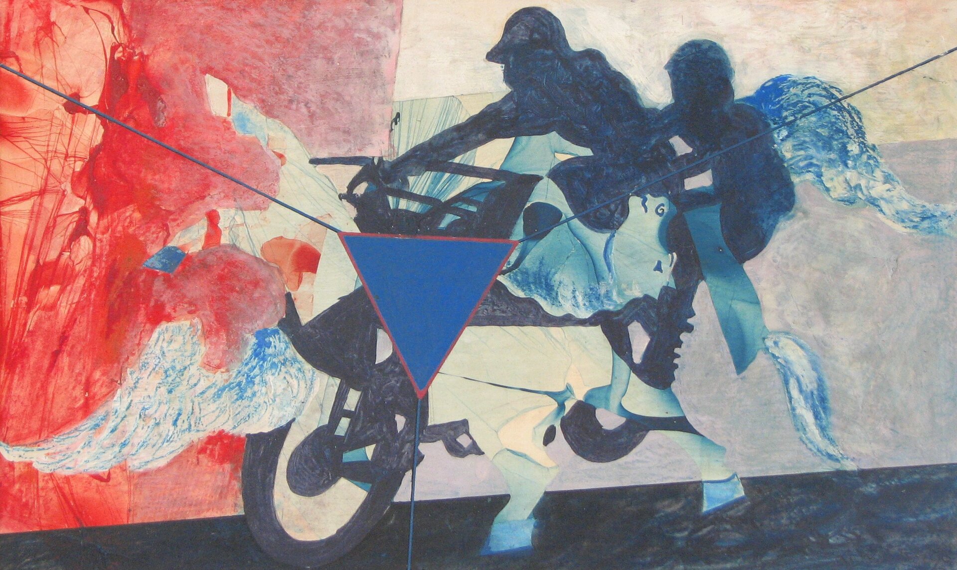 Dzieło ukazuje dynamiczną kompozycję, przedstawiającą dwie, jadące na motorze, postaci. Postacie namalowane są sylwetowo, stanowią ciemną plamę. Zupełnie inaczej potraktowany jest motor – z jego sylwetki wyłaniają się organiczne elementy w postaci głowy konia, kopyt, skrzydeł. Ukazują się one bezwładnie z różnych części pojazdu. Tło kompozycji potraktowane jest syntetycznie. Dół stanowi ciemna, płasko namalowana, skośna droga. Drugi plan za postaciami podzielony jest na czerwoną płaszczyznę po lewej stronie obrazu i jasnoszarą płaszczyznę po prawej. Tło malowane jest szybko, przecierkowo. W centrum obrazu, na pierwszym planie umieszczony jest niebieski trójkąt z czerwonym konturem. Z każdego rogu trójkąta rysuje się linia w kierunku brzegów obrazu. Kompozycja wykonana jest w chłodnej, niebiesko‑szaro‑czerwonej tonacji. Dzieło namalowane jest techniką akrylu.